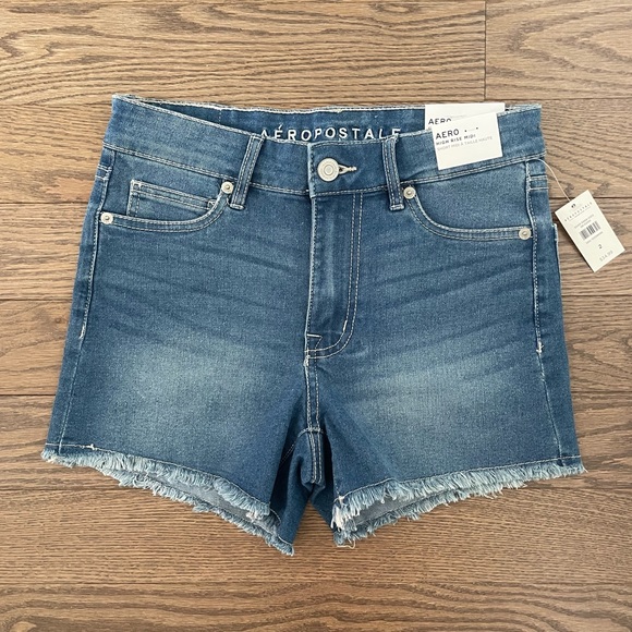 AERO High Rise Stretchy Midi Denim Shorts - Frayed Hem - Medium Denim Blue - Picture 2 of 11